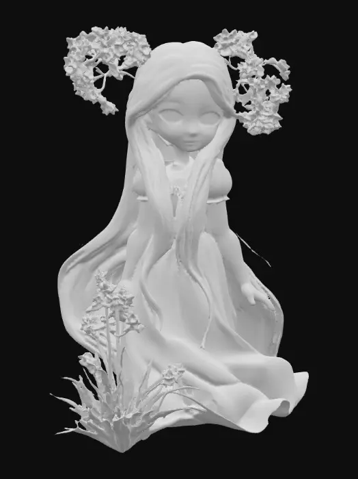 3D model for Generate a cute and childlike 3D Rapunzel digital 3d art , large green eyes, #PBR#, incorporating elements of fantasy, adventure or romantic. digital art. high resolution. smooth and curved lines. bright and saturated colors. Purples, pinks, greens, gold , #PBR#