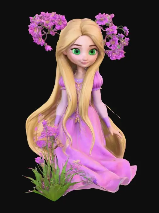 3D model for Generate a cute and childlike 3D Rapunzel digital 3d art , large green eyes, #PBR#, incorporating elements of fantasy, adventure or romantic. digital art. high resolution. smooth and curved lines. bright and saturated colors. Purples, pinks, greens, gold , #PBR#