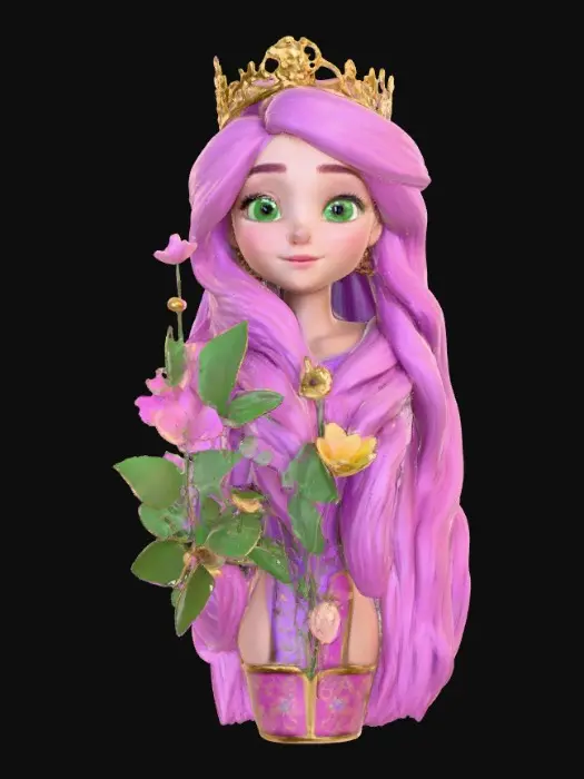 3D model for Generate a cute and childlike 3D Rapunzel digital 3d art , large green eyes, #PBR#, incorporating elements of fantasy, adventure or romantic. digital art. high resolution. smooth and curved lines. bright and saturated colors. Purples, pinks, greens, gold , #PBR#
