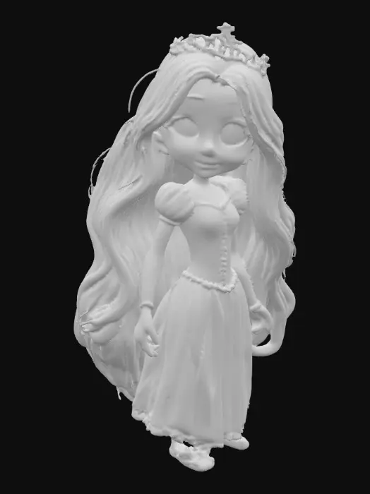 3D model for Generate a cute and childlike 3D Rapunzel digital 3d art , large green eyes, #PBR#, incorporating elements of fantasy, adventure or romantic. digital art. high resolution. smooth and curved lines. bright and saturated colors. Purples, pinks, greens, gold , #PBR#