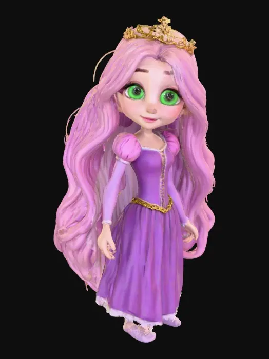 3D model for Generate a cute and childlike 3D Rapunzel digital 3d art , large green eyes, #PBR#, incorporating elements of fantasy, adventure or romantic. digital art. high resolution. smooth and curved lines. bright and saturated colors. Purples, pinks, greens, gold , #PBR#