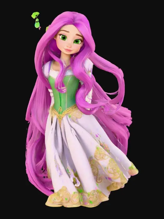 3D model for Generate a cute and childlike 3D Rapunzel digital 3d art , large green eyes, #PBR#, incorporating elements of fantasy, adventure or romantic. digital art. high resolution. smooth and curved lines. bright and saturated colors. Purples, pinks, greens, gold , #PBR#