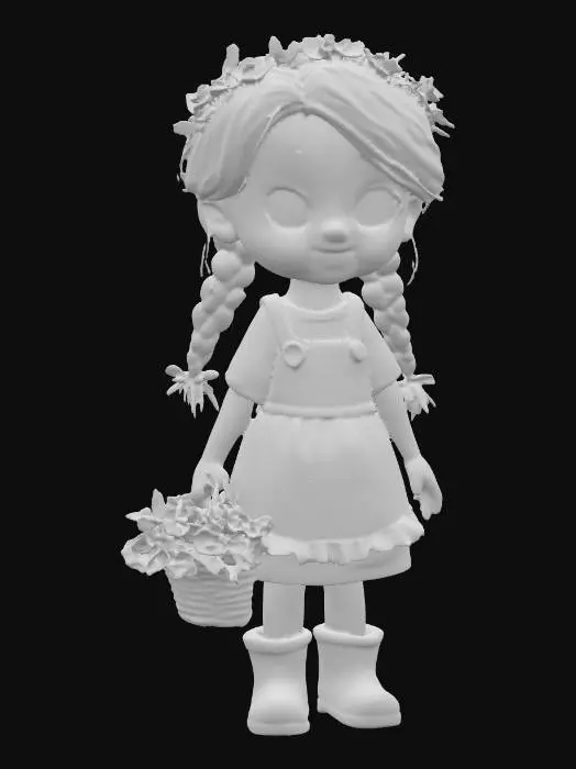 3D model for Adorable female child with long orange/red braids tied with twine. She has freckles and large blue eyes. She is smiling in delight from the prefumed flower she is smelling. She wears a long sleeve brown dress with a white apron. She is wearing brown graden boots with string laces. She is holding a basket of fresh flowers and has a vine crown with flowers on her head. Beneath her feet is a round grassy base with tiny flowers. A very charming image centered on a white background 