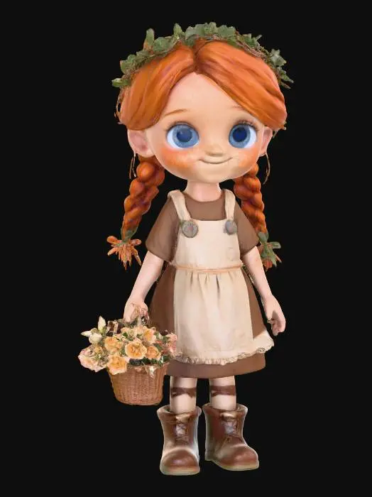 3D model for Adorable female child with long orange/red braids tied with twine. She has freckles and large blue eyes. She is smiling in delight from the prefumed flower she is smelling. She wears a long sleeve brown dress with a white apron. She is wearing brown graden boots with string laces. She is holding a basket of fresh flowers and has a vine crown with flowers on her head. Beneath her feet is a round grassy base with tiny flowers. A very charming image centered on a white background 