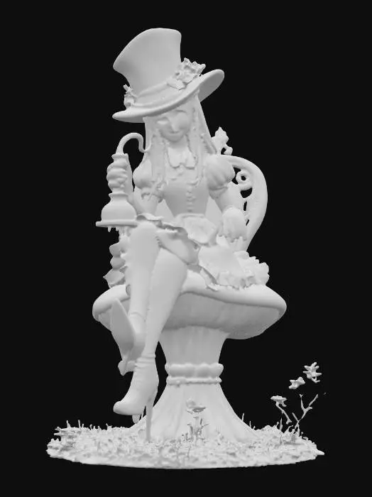 3D model for #PBR#, An evil creepy Alice with clear facial features sits on a mushroom chair with a hookah.  Alice has perfectly shaped hands and fingers. Alice wears a dark top hat with tiny flowers around the brim. Tiny flowers and tuffs of grass surround the mushroom at ground level. Beautiful bright bold vivid colors  cartoonish realism highly detailed #PBR#