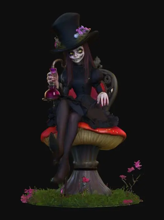 3D model for #PBR#, An evil creepy Alice with clear facial features sits on a mushroom chair with a hookah.  Alice has perfectly shaped hands and fingers. Alice wears a dark top hat with tiny flowers around the brim. Tiny flowers and tuffs of grass surround the mushroom at ground level. Beautiful bright bold vivid colors  cartoonish realism highly detailed #PBR#