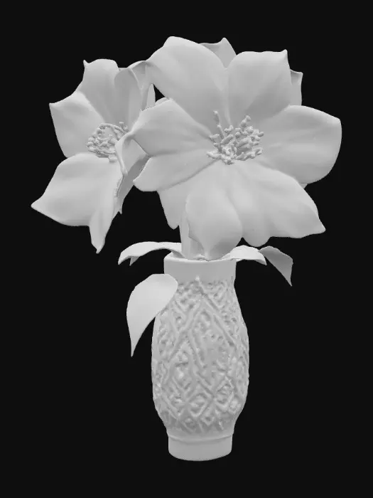 3D model for Beautiful glass flowers, Large translucent milk-glass white/pink prismatic flowers full-bloom  intricate details, their shinning glassy petals catching the light. The ornamental crystal vase, adorned with swirling patterns and iridescent hues, will cradle the flowers elegantly. vibrant colors, hyperrealistic textures, and a touch of whimsy. , #PBR#