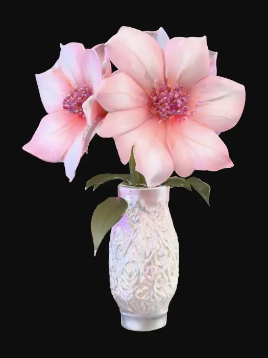 3D model for Beautiful glass flowers, Large translucent milk-glass white/pink prismatic flowers full-bloom  intricate details, their shinning glassy petals catching the light. The ornamental crystal vase, adorned with swirling patterns and iridescent hues, will cradle the flowers elegantly. vibrant colors, hyperrealistic textures, and a touch of whimsy. , #PBR#