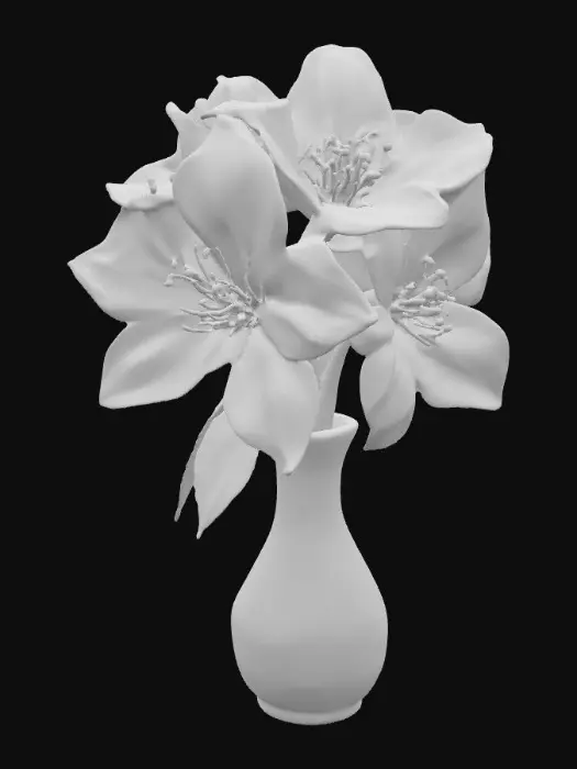 3D model for Beautiful glass flowers, Large translucent milk-glass white/pink prismatic flowers full-bloom  intricate details, their shinning glassy petals catching the light. The ornamental crystal vase, adorned with swirling patterns and iridescent hues, will cradle the flowers elegantly. vibrant colors, hyperrealistic textures, and a touch of whimsy. , #PBR#