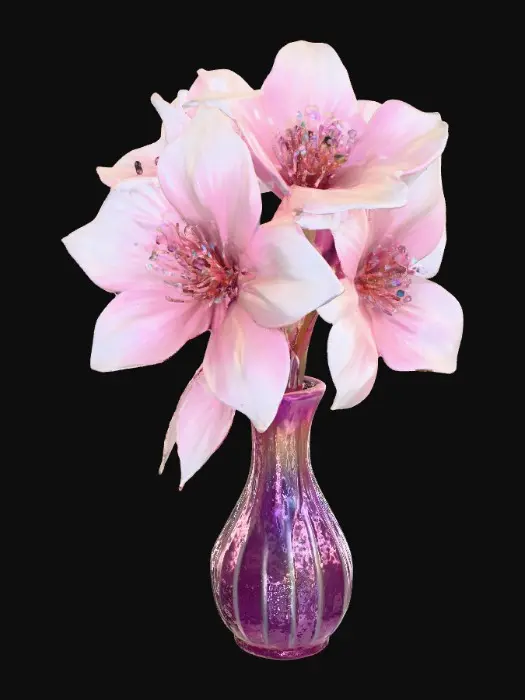 3D model for Beautiful glass flowers, Large translucent milk-glass white/pink prismatic flowers full-bloom  intricate details, their shinning glassy petals catching the light. The ornamental crystal vase, adorned with swirling patterns and iridescent hues, will cradle the flowers elegantly. vibrant colors, hyperrealistic textures, and a touch of whimsy. , #PBR#