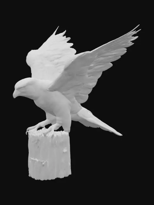 3D model for Blue peregrine falcon landing on a wooden post. High definition detailing to its feathers, hyper-realistic with outstretched wings #pbr#