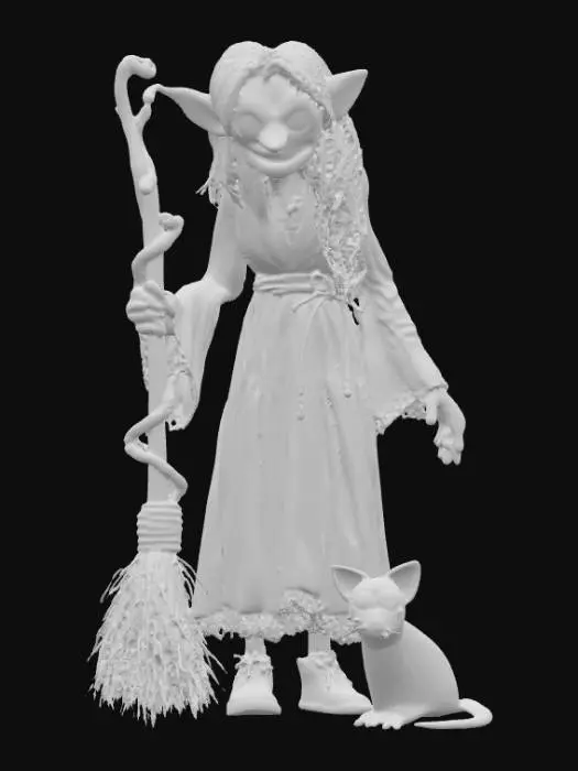 3D model for an old crone witch with big yellow teeth and red eyes, flying on a crooked broom designed like twisted vines. The witch has long and bony fingers, blending gothic aesthetics with fantasy elements accompanied by a scared black cat with glowing yellow eyes  and an ugly rat with mangy and patchy fur hanging off her foot by its tail., #PBR#