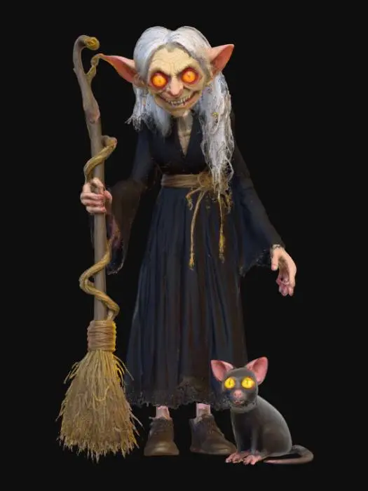 3D model for an old crone witch with big yellow teeth and red eyes, flying on a crooked broom designed like twisted vines. The witch has long and bony fingers, blending gothic aesthetics with fantasy elements accompanied by a scared black cat with glowing yellow eyes  and an ugly rat with mangy and patchy fur hanging off her foot by its tail., #PBR#