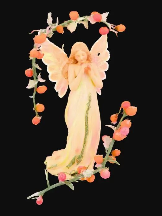 3D model for Medium shot. A beautiful angel perched on a frosted twig with a subtle halo. Pointillism style. Shimmering iridescent colors. Delicate border of entwined green ivy vines and frozen orange and pink & magenta berries. Delicate. Intricate.
, #PBR#