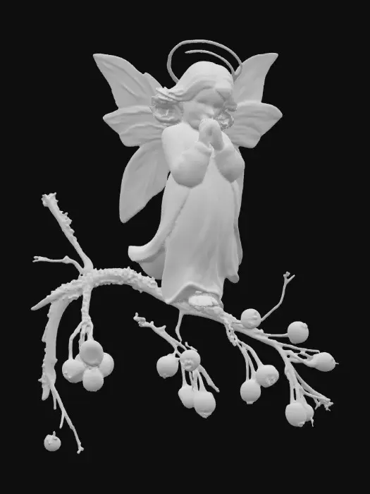 3D model for Medium shot. A beautiful angel perched on a frosted twig with a subtle halo. Pointillism style. Shimmering iridescent colors. Delicate border of entwined green ivy vines and frozen orange and pink & magenta berries. Delicate. Intricate.
, #PBR#