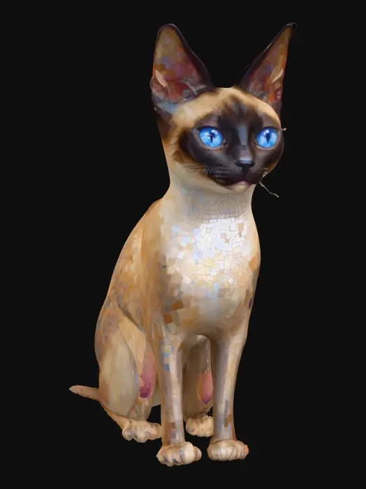 3D model for Neo-impressionist oil painting. Close-up portrait. A Burmese Siamese cat with piercing blue eyes, intricate mosaic patchwork patterns surrounding its face. Low-angle shot. Expressionist impasto art style with thick, textured layers. Vibrant colours, sharp 3D shading, abstract fractal patterns, reminiscent of Alphonse Mucha's mixed media art. Deep, rich colours, high contrast, golden lighting, detailed 8k matte painting. Best quality, masterful use of complementary colours, Unreal Engine 5, ArtStation trending, fantastical concept art, intricate details, smooth fluid brushstrokes, vivid colours, mesmerizing patterns, a true masterpiece., #PBR#