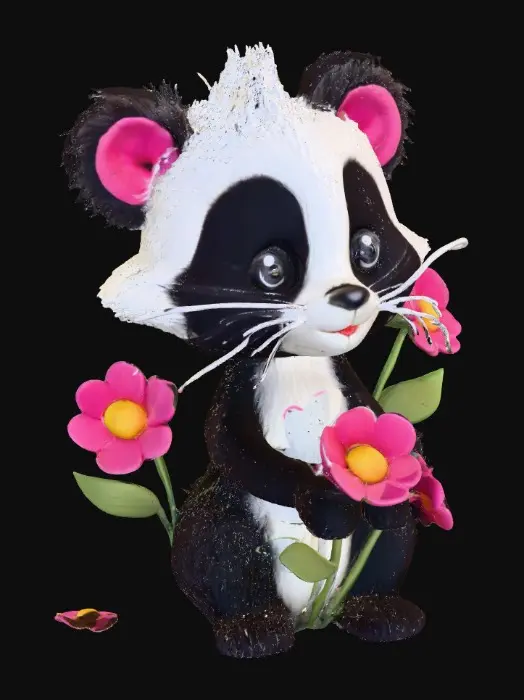 3D model for An adorable toy like skunk sitting in a patch of vibrant 5 petal flowers. 