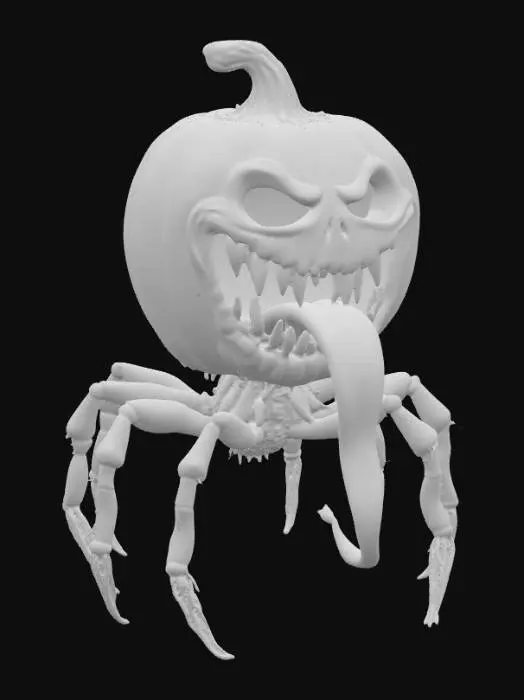 3D model for Scary gothic halloween pumpkin with 8 hairy spider legs and a long twisted tongue. Hugh scary grin
