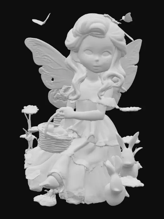 3D model for whimiscal fairy flower garden stands a fragile looking fairy girl. Her wings are made of the finest lace. she has porcelain skin with freckles. Her blue eyes sparkle with curiosity. her hair is a cascade of fire red curls. she is wearing a sky-blue colored dress that is adorned with lace and ruffes. her white slippers peek out beneath the hem of dress. she is holding a basket of gorgeous jeweled eggs. mischievous bunnys are hopping about and butterflies flutter around the garden