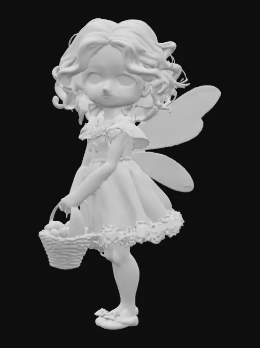 3D model for whimiscal fairy flower garden stands a fragile looking fairy girl. Her wings are made of the finest lace. she has porcelain skin with freckles. Her blue eyes sparkle with curiosity. her hair is a cascade of fire red curls. she is wearing a sky-blue colored dress that is adorned with lace and ruffes. her white slippers peek out beneath the hem of dress. she is holding a basket of gorgeous jeweled eggs. mischievous bunnys are hopping about and butterflies flutter around the garden
