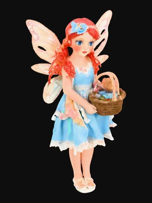 3D model for whimiscal fairy flower garden stands a fragile looking fairy girl. Her wings are made of the finest lace. she has porcelain skin with freckles. Her blue eyes sparkle with curiosity. her hair is a cascade of fire red curls. she is wearing a sky-blue colored dress that is adorned with lace and ruffes. her white slippers peek out beneath the hem of dress. she is holding a basket of gorgeous jeweled eggs. mischievous bunnys are hopping about and butterflies flutter around the garden