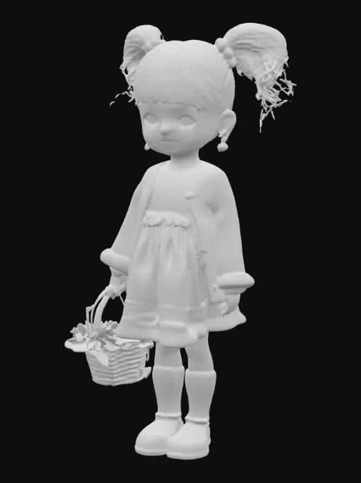 3D model for cute Blasian porcelain skin young girl with curly ponytails rosey cheeks hazel eyes, she's wearing a pretty pink lace dress with ruffles and white shiny slippers ~ M white knit, sweater with a pretty basket of delicate flowers in her hand picking colorful flowers.