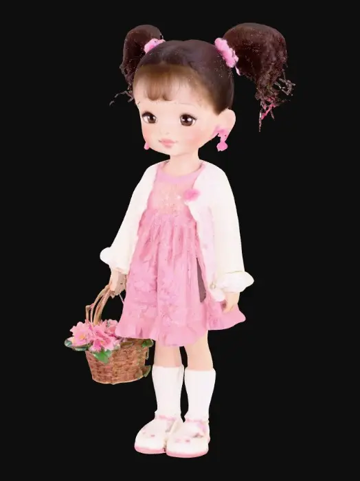 3D model for cute Blasian porcelain skin young girl with curly ponytails rosey cheeks hazel eyes, she's wearing a pretty pink lace dress with ruffles and white shiny slippers ~ M white knit, sweater with a pretty basket of delicate flowers in her hand picking colorful flowers.
