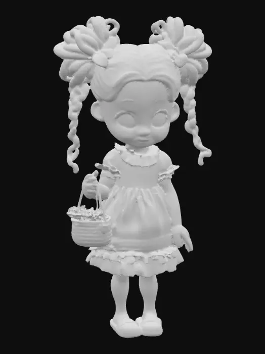 3D model for cute Blasian porcelain skin young girl with curly ponytails rosey cheeks hazel eyes, she's wearing a pretty pink lace dress with ruffles and white shiny slippers ~ M white knit, sweater with a pretty basket of delicate flowers in her hand picking colorful flowers.