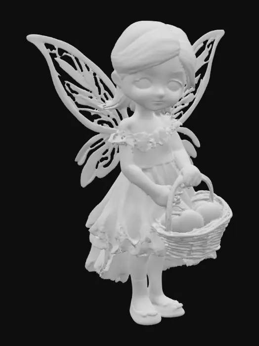 3D model for whimiscal fairy flower garden stands a fragile looking fairy girl. Her wings are made of the finest lace. she has porcelain skin with freckles. Her blue eyes sparkle with curiosity. her hair is a cascade of fire red curls. she is wearing a sky-blue colored dress that is adorned with lace and ruffes. her white slippers peek out beneath the hem of dress. she is holding a basket of gorgeous jeweled eggs. mischievous bunnys are hopping about and butterflies flutter around the garden