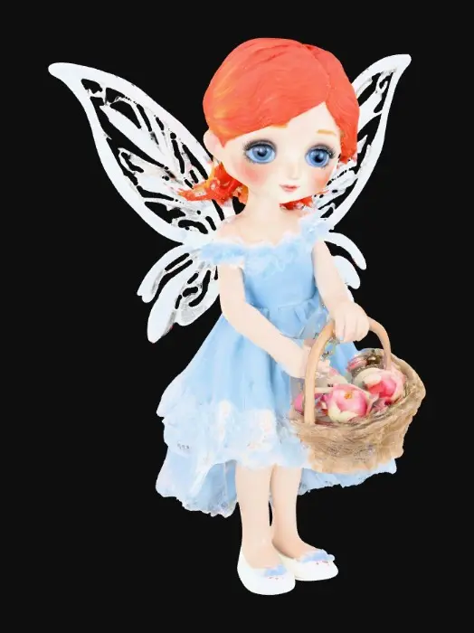 3D model for whimiscal fairy flower garden stands a fragile looking fairy girl. Her wings are made of the finest lace. she has porcelain skin with freckles. Her blue eyes sparkle with curiosity. her hair is a cascade of fire red curls. she is wearing a sky-blue colored dress that is adorned with lace and ruffes. her white slippers peek out beneath the hem of dress. she is holding a basket of gorgeous jeweled eggs. mischievous bunnys are hopping about and butterflies flutter around the garden