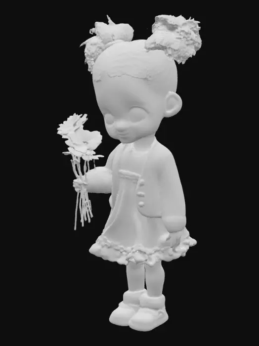3D model for cute Blasian porcelain skin young girl with curly ponytails rosey cheeks hazel eyes, she's wearing a pretty pink lace dress with ruffles and white shiny slippers ~ M white knit, sweater with a pretty basket of delicate flowers in her hand picking colorful flowers.