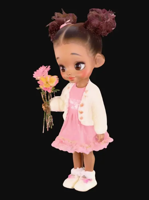 3D model for cute Blasian porcelain skin young girl with curly ponytails rosey cheeks hazel eyes, she's wearing a pretty pink lace dress with ruffles and white shiny slippers ~ M white knit, sweater with a pretty basket of delicate flowers in her hand picking colorful flowers.