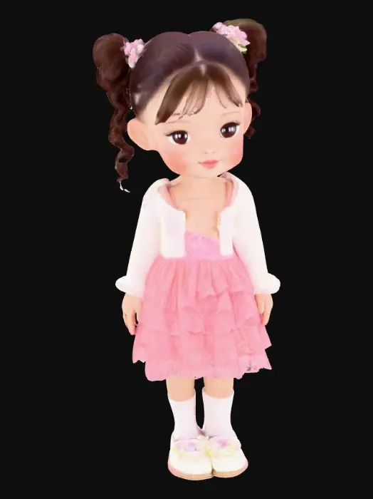 3D model for cute Blasian porcelain skin young girl with curly ponytails rosey cheeks hazel eyes, she's wearing a pretty pink lace dress with ruffles and white shiny slippers ~ M white knit, sweater with a pretty basket of delicate flowers in her hand picking colorful flowers.