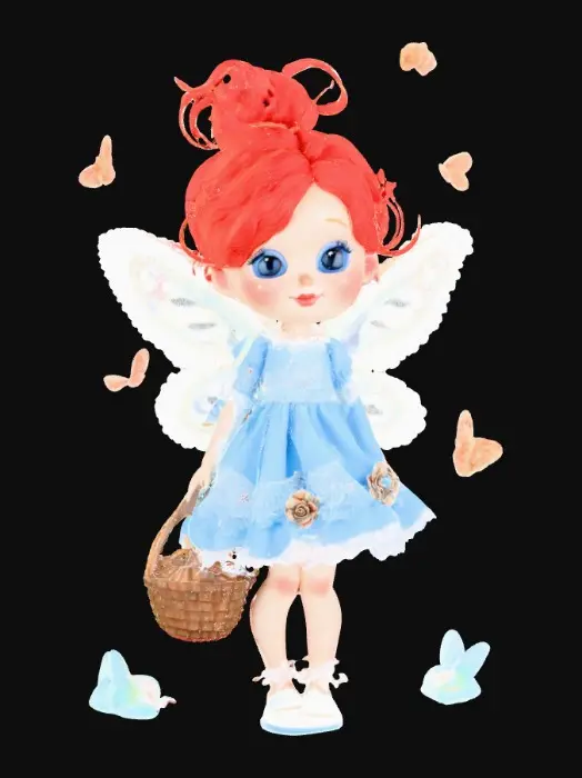 3D model for whimiscal fairy flower garden stands a fragile looking fairy girl. Her wings are made of the finest lace. she has porcelain skin with freckles. Her blue eyes sparkle with curiosity. her hair is a cascade of fire red curls. she is wearing a sky-blue colored dress that is adorned with lace and ruffes. her white slippers peek out beneath the hem of dress. she is holding a basket of gorgeous jeweled eggs. mischievous bunnys are hopping about and butterflies flutter around the garden