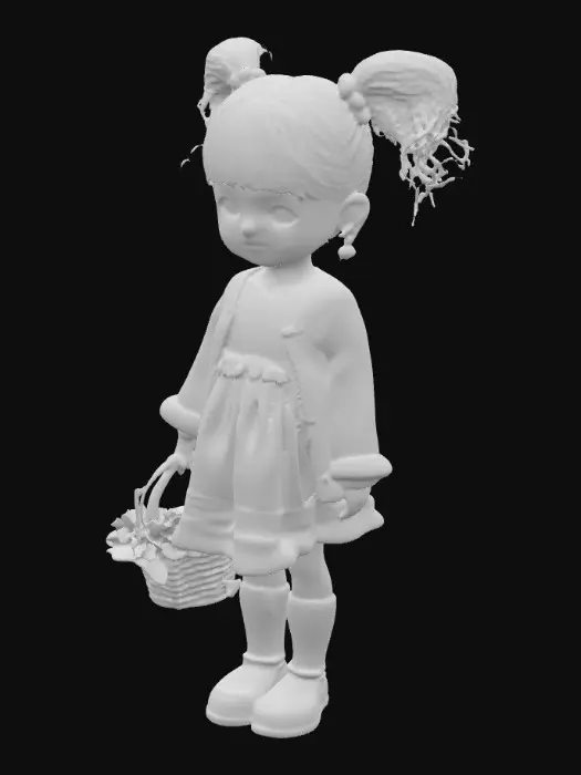 3D model for cute Blasian porcelain skin young girl with curly ponytails rosey cheeks hazel eyes, she's wearing a pretty pink lace dress with ruffles and white shiny slippers ~ M white knit, sweater with a pretty basket of delicate flowers in her hand picking colorful flowers.