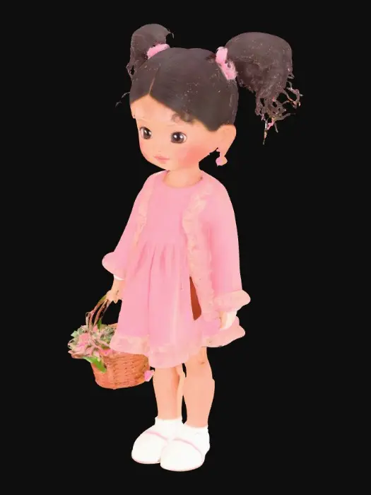 3D model for cute Blasian porcelain skin young girl with curly ponytails rosey cheeks hazel eyes, she's wearing a pretty pink lace dress with ruffles and white shiny slippers ~ M white knit, sweater with a pretty basket of delicate flowers in her hand picking colorful flowers.