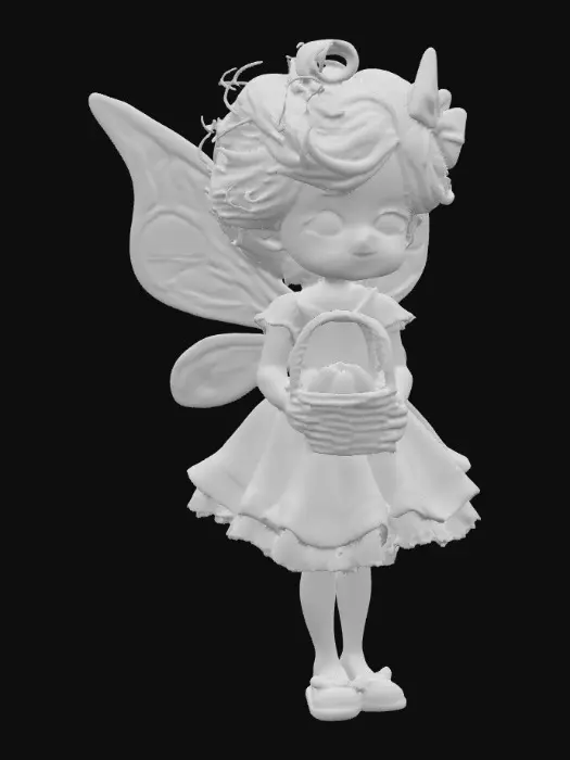 3D model for whimiscal fairy flower garden stands a fragile looking fairy girl. Her wings are made of the finest lace. she has porcelain skin with freckles. Her blue eyes sparkle with curiosity. her hair is a cascade of fire red curls. she is wearing a sky-blue colored dress that is adorned with lace and ruffes. her white slippers peek out beneath the hem of dress. she is holding a basket of gorgeous jeweled eggs. mischievous bunnys are hopping about and butterflies flutter around the garden