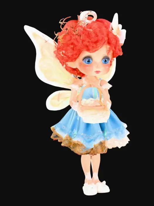 3D model for whimiscal fairy flower garden stands a fragile looking fairy girl. Her wings are made of the finest lace. she has porcelain skin with freckles. Her blue eyes sparkle with curiosity. her hair is a cascade of fire red curls. she is wearing a sky-blue colored dress that is adorned with lace and ruffes. her white slippers peek out beneath the hem of dress. she is holding a basket of gorgeous jeweled eggs. mischievous bunnys are hopping about and butterflies flutter around the garden