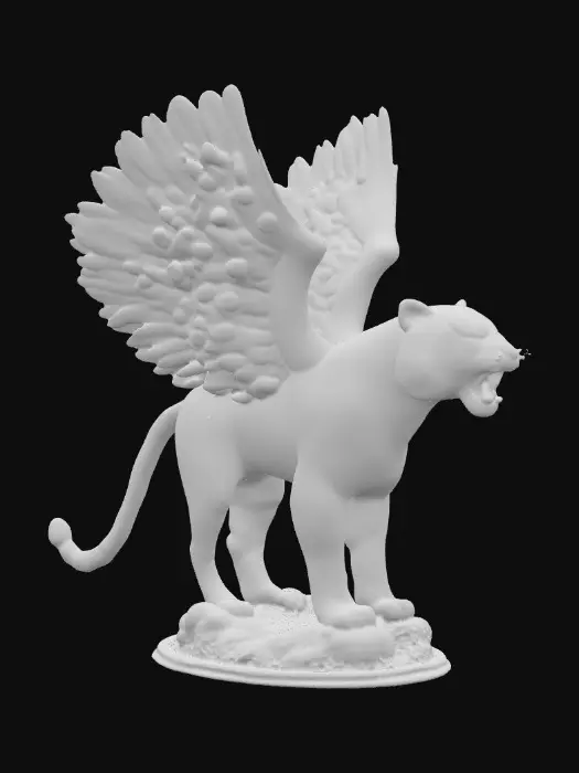 3D model for  Fantasy concept art. Close-up. An angry bengal tiger with peacock wings sprouting from its sides stands on a round rocky base. Low-angle shot Iridescent feathers glisten. Lustrous fur shines. Golden lighting. Best quality, vivid colors, detailed textures, majestic atmosphere, wildlife inspiration, dynamic pose, bold brushstrokes, magical realism, stunning visuals, breathtaking detail.