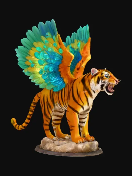 3D model for  Fantasy concept art. Close-up. An angry bengal tiger with peacock wings sprouting from its sides stands on a round rocky base. Low-angle shot Iridescent feathers glisten. Lustrous fur shines. Golden lighting. Best quality, vivid colors, detailed textures, majestic atmosphere, wildlife inspiration, dynamic pose, bold brushstrokes, magical realism, stunning visuals, breathtaking detail.