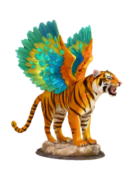 Fantasy concept art. Close-up. An angry bengal tiger with peacock wings sprouting… 3D model, vytvořený pomocí AI