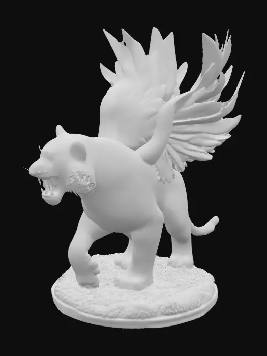 3D model for  Fantasy concept art. Close-up. An angry bengal tiger with peacock wings sprouting from its sides stands on a round rocky base. Low-angle shot Iridescent feathers glisten. Lustrous fur shines. Golden lighting. Best quality, vivid colors, detailed textures, majestic atmosphere, wildlife inspiration, dynamic pose, bold brushstrokes, magical realism, stunning visuals, breathtaking detail.