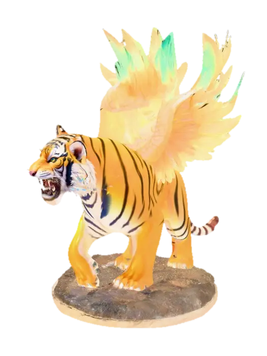 Fantasy concept art. Close-up. An angry bengal tiger with peacock wings sprouting… 3D model, vytvořený pomocí AI