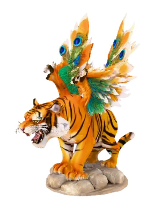 Fantasy concept art. Close-up. An angry bengal tiger with peacock wings sprouting… 3D model, vytvořený pomocí AI