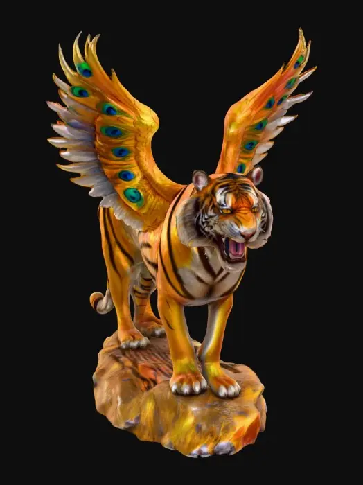 3D model for  Fantasy concept art. Close-up. An angry bengal tiger with peacock wings sprouting from its sides stands on a round rocky base. Low-angle shot Iridescent feathers glisten. Lustrous fur shines. Golden lighting. Best quality, vivid colors, detailed textures, majestic atmosphere, wildlife inspiration, dynamic pose, bold brushstrokes, magical realism, stunning visuals, breathtaking detail.