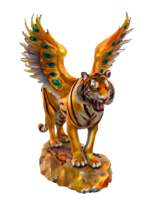 Fantasy concept art. Close-up. An angry bengal tiger with peacock wings sprouting… 3D model, vytvořený pomocí AI