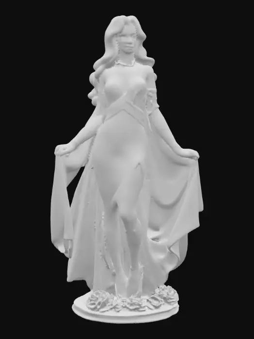 3D model for In the soft sunlight stands a gorgeous goddess draped in transparent flowing silk with pearls cascading down her shoulders, a three strand pearl choker, gentle smile, large blue eyes, long thick eyelashes, long blonde wavy hair and roses around her feet on the round base she is standing on, art deco style. Inspired by the Art of Luis Royo, 