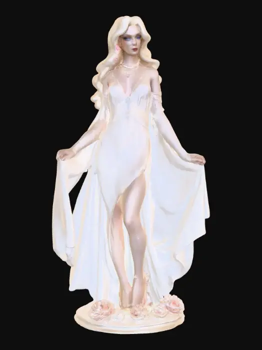 3D model for In the soft sunlight stands a gorgeous goddess draped in transparent flowing silk with pearls cascading down her shoulders, a three strand pearl choker, gentle smile, large blue eyes, long thick eyelashes, long blonde wavy hair and roses around her feet on the round base she is standing on, art deco style. Inspired by the Art of Luis Royo, 