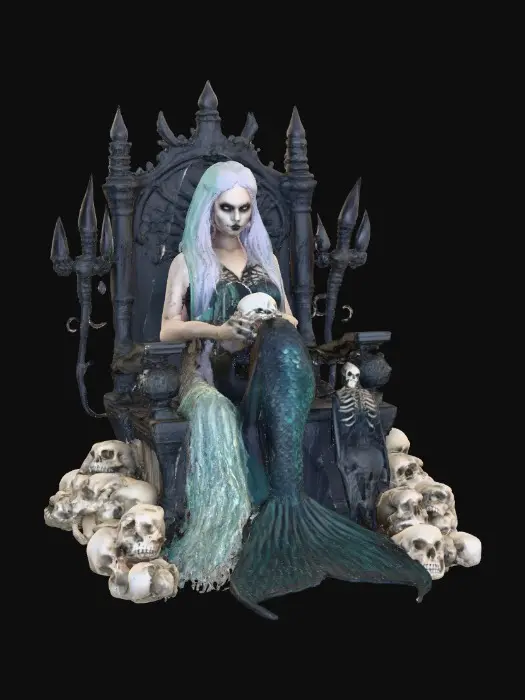 3D model for A gorgeous mermaid holding skulls, sitting on the throne of Neptune, a creepy skeletal sailor corpse at the tail of the mermaid, and skulls scattered around the base. gothic, Burtonesque, 