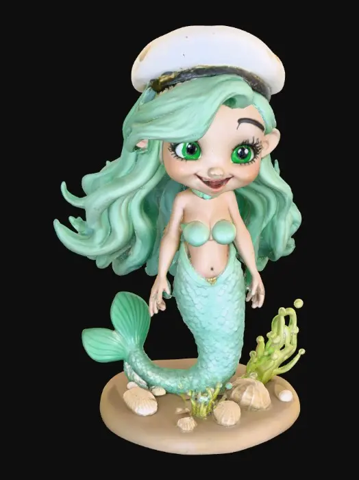3D model for A cute 30 year old chubby busty latin mermaid holding a sailors skull sitting on a round base. Happy laughing large green eyes.